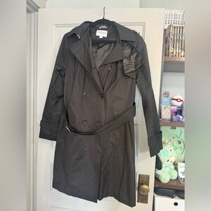 Cole Haan Womens XL Trench Coat Hooded Belted Double Breasted Black